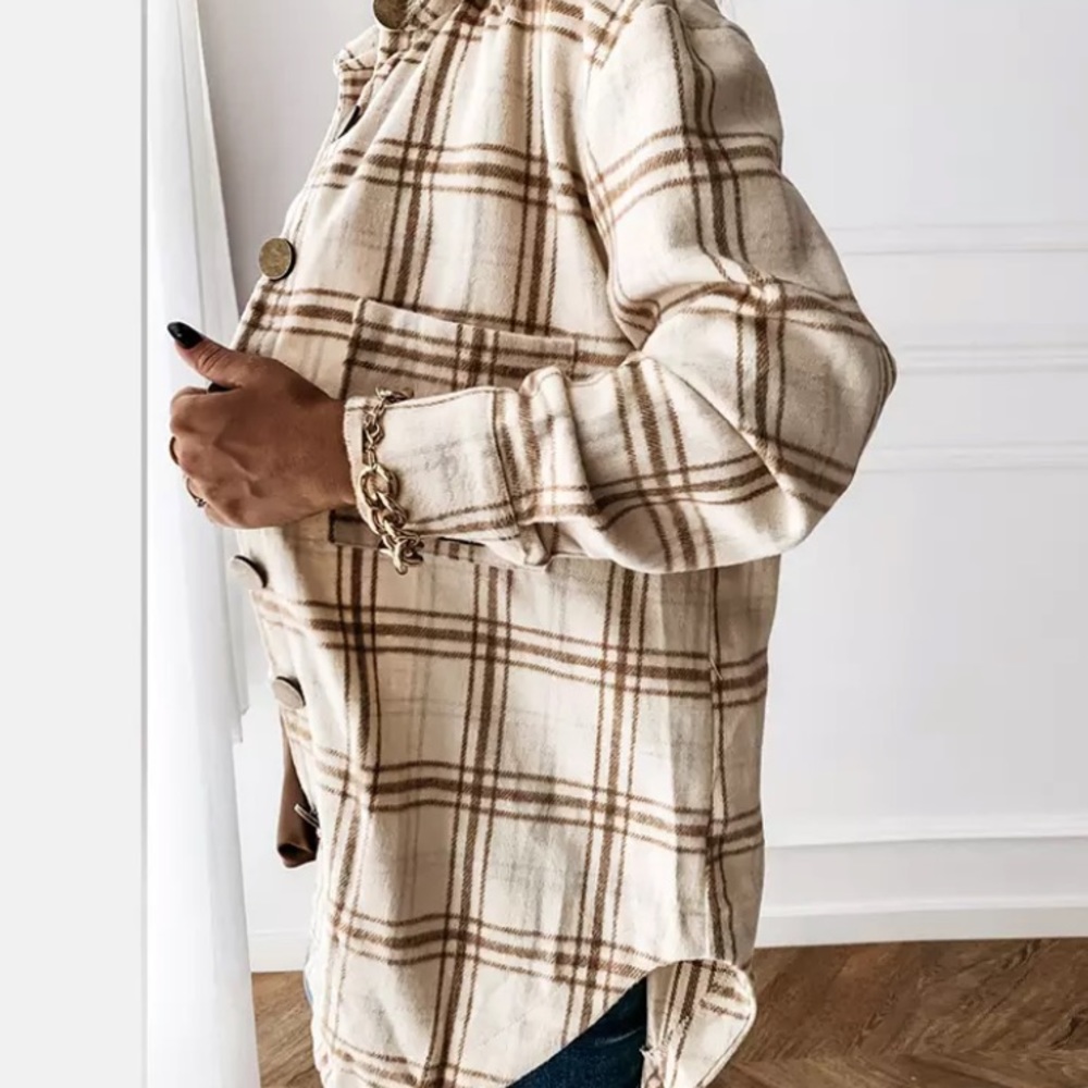 SOLD OUT Beige Plaid Flannel Oversized Shacket Shirt Jacket - Picture 3 of 4